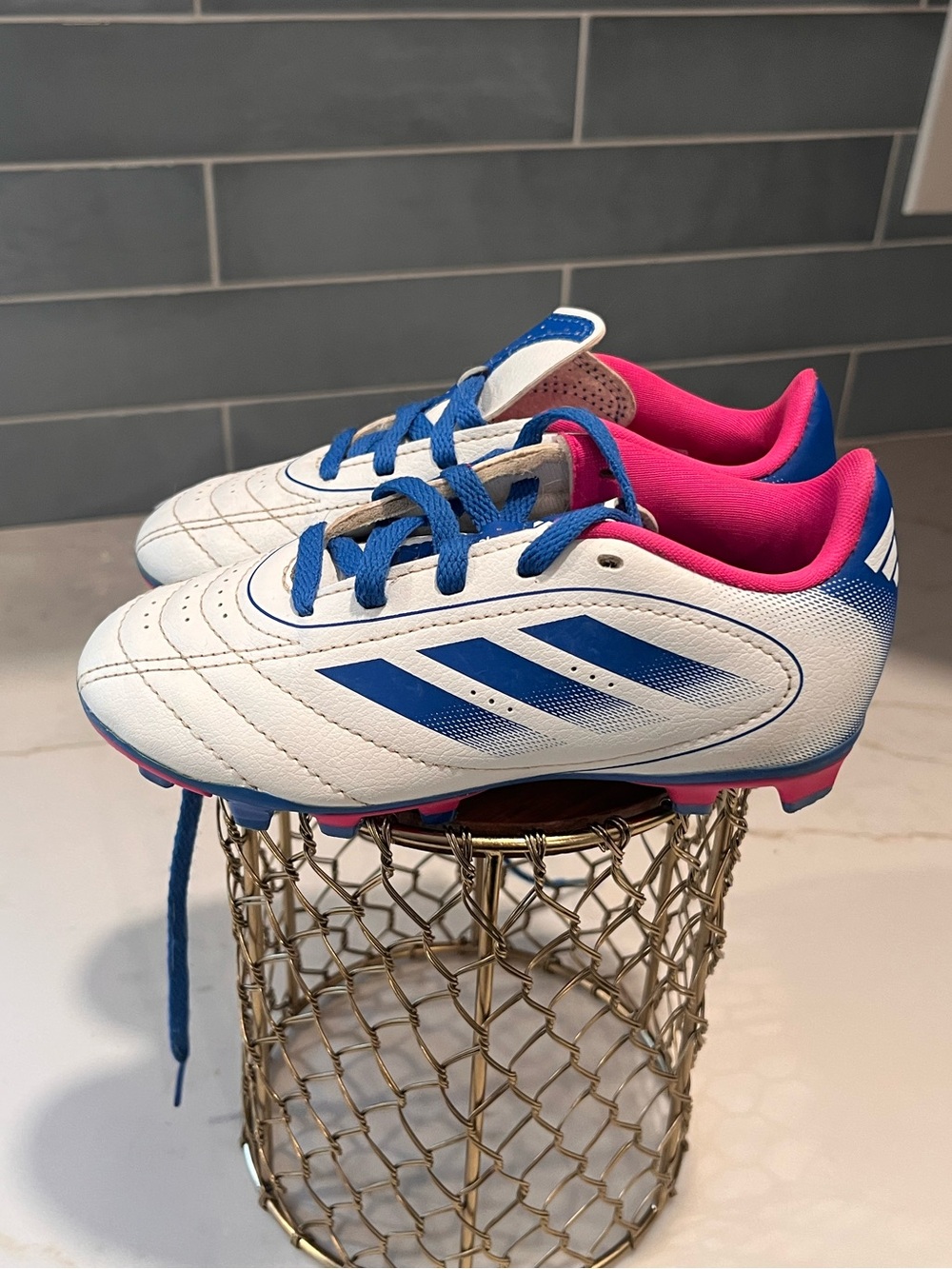 Kids White and Blue Soccer Cleats with Pink Lining